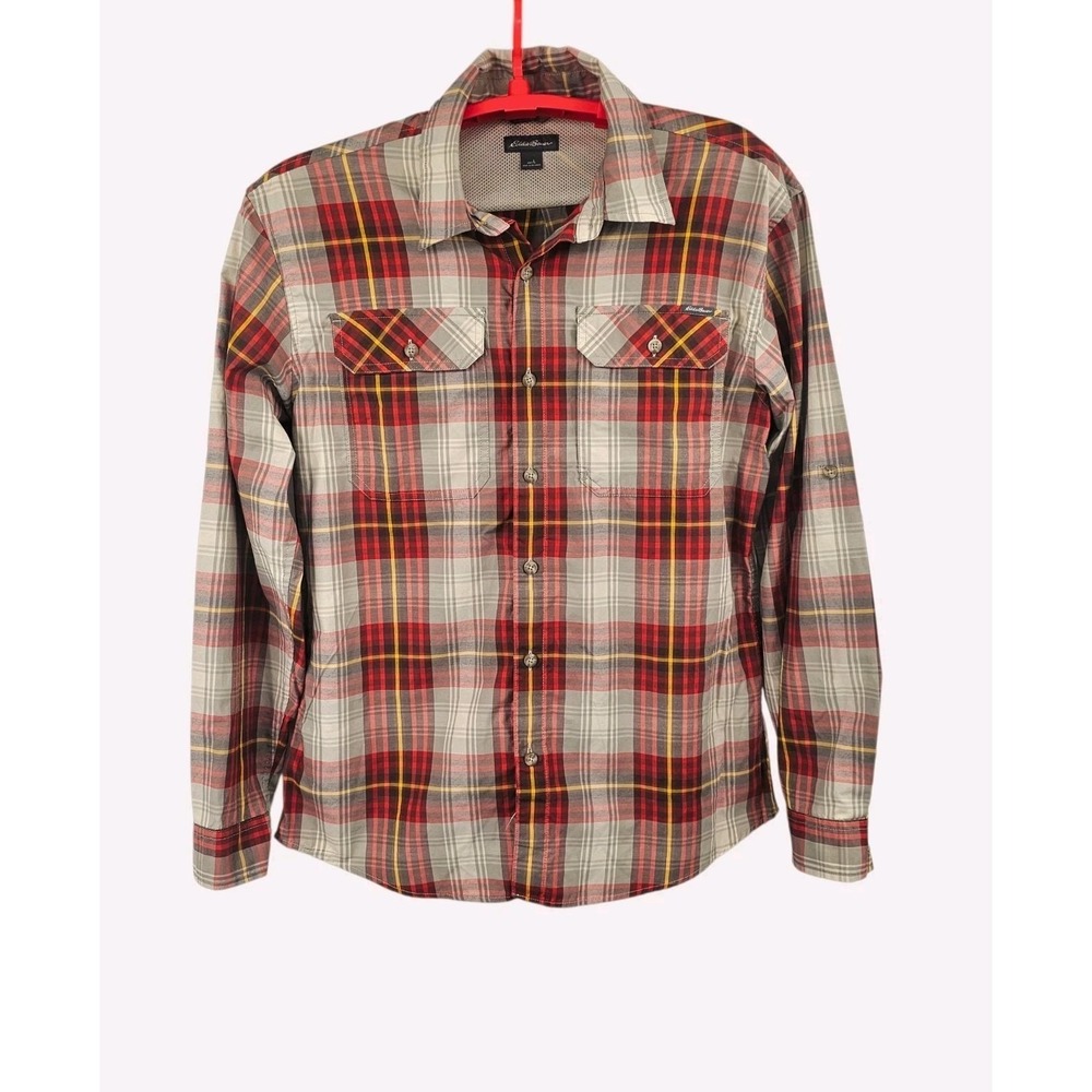 Eddie Bauer Large Roll Tab Button Up Long Sleeve Shirt Hiking Outdoor Plaid
